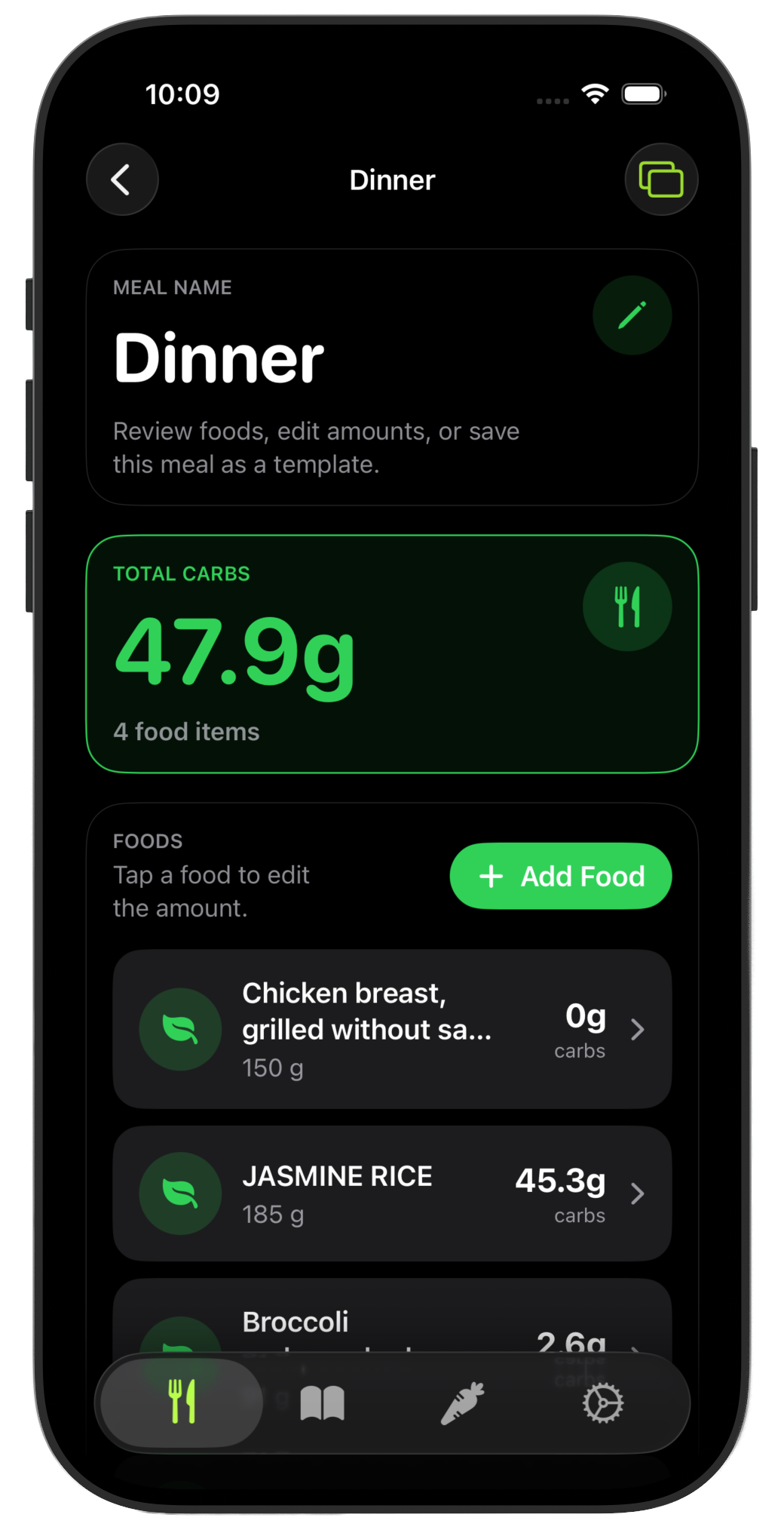 BiteMath app showing a dinner meal totaling 47.9 grams of carbohydrates